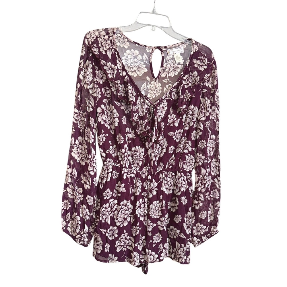 Band of Gypsies Plum Floral Long Sleeve Ruffle Romper Womens M‎ Pockets Festival